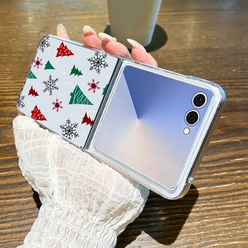 Christmas Tree Snowflake Phone Case For Samsung Galaxy Z Flip 7 FE 6 5 4 3 5G Hard Clear Folding Cover For Samsung Z Flip5 Flip4