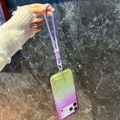 Gradient Colorful Transparent Phone Case For iPhone 17 16 15 14 13 12 Pro Max Plus Shockproof TPU Back Cover With Wrist Strap