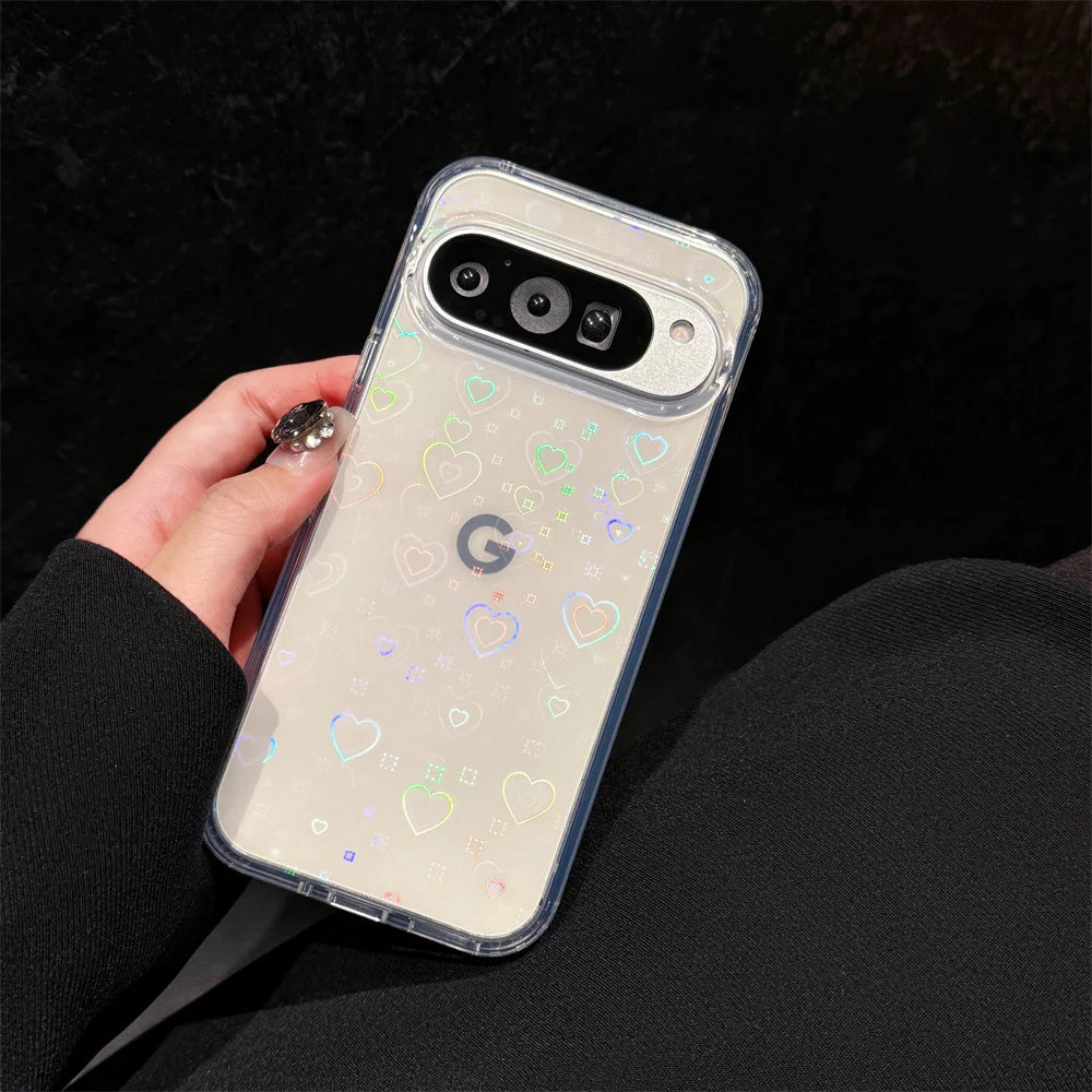 Gradient Laser Love Heart Pattern Clear Phone Case For Google Pixel 9 9Pro XL 9A 8 8Pro 8A Glitter Transparent Shockproof Cover