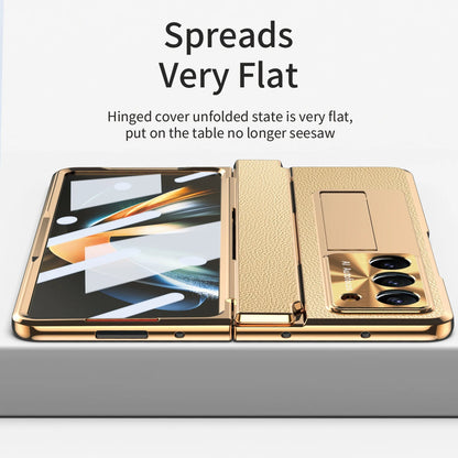 Plating Leather Stand Flat Hinge Protective Case For Samsung Galaxy Z Fold 6 5 4 3 With Front Glass Film Fold5 Protection Cover