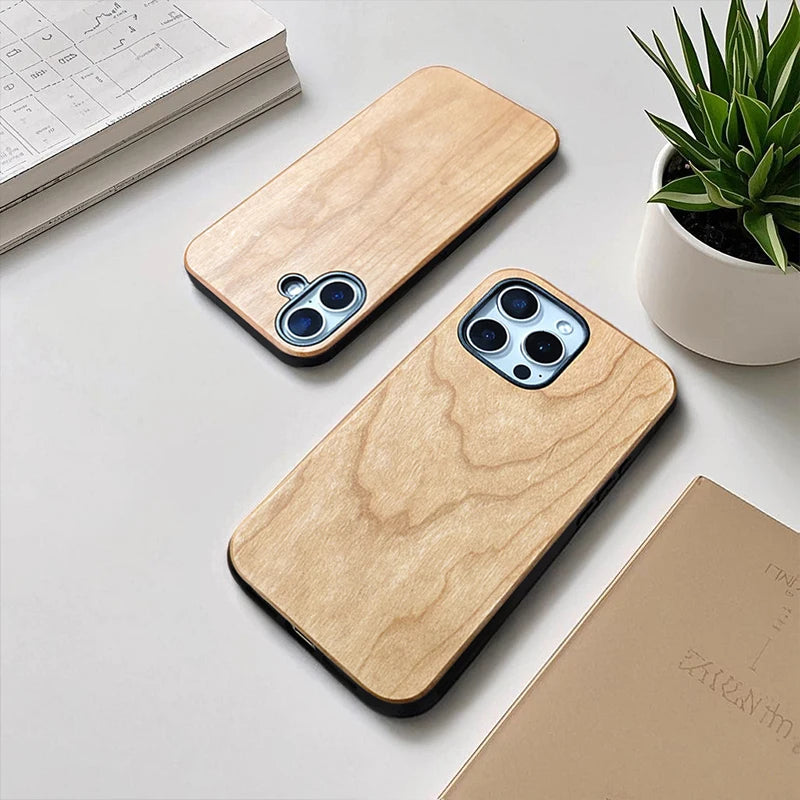 Phone Case for iPhone 16 Pro Max Plus,made of High Quality Cherry and TPU,Natural Wood Grain,Shockproof Design Protective Case