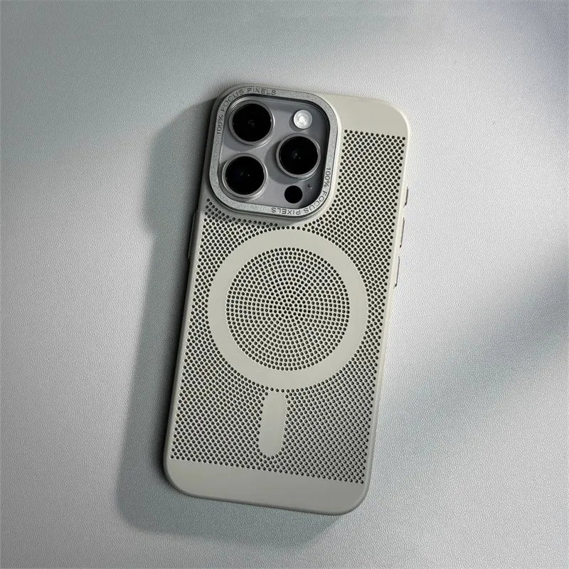 Honeycomb Grid Hole MagSafe Case for iPhone 16 15 Pro Max 14 Alloy Lens Summer Heat Dissipation Magnetic Back Cover PC Shell