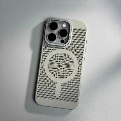 Honeycomb Grid Hole MagSafe Case for iPhone 16 15 Pro Max 14 Alloy Lens Summer Heat Dissipation Magnetic Back Cover PC Shell