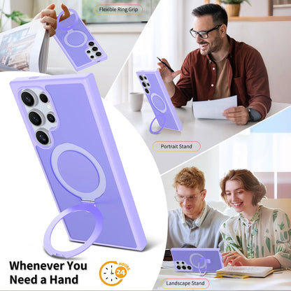 Luxury Metal Ring Fold Stand Case For Samsung Galaxy S25 Edge S24 Plus S23 Ultra Matte Translucent Wireless Charger Cover Funda