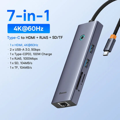 Baseus USB C HUB Dual HDMI 8K 4K Adapter 10-in-1 USB 3.2 10Gbps Splitter with RJ45 SD TF Type C PD 100W for MacBook Pro Air HUB