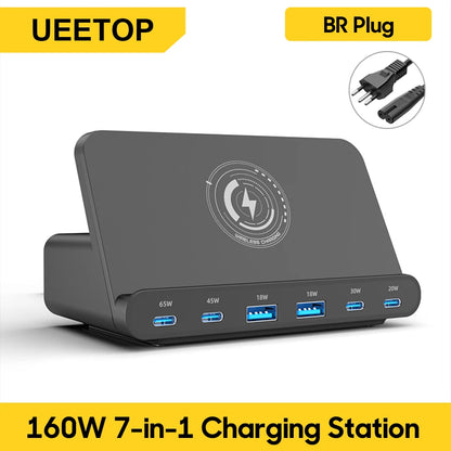 Ueetop 160W USB Charging Station Wireless Charging 65W PD PPS 45W GaN Charger Quick Charger For Laptop Tablet iPhone 15 Samsung