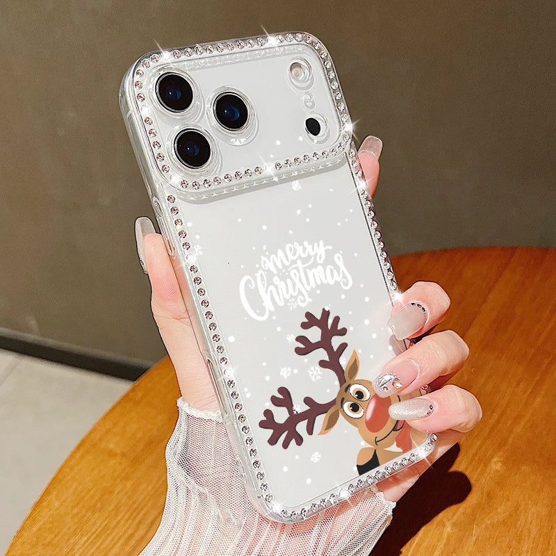 For iPhone 17 Pro Max Case Christmas Elk Santa Claus Diamond Cover For iPhone 13 14 15 12 11 16e 17 Air Funda iPhone 16 Pro Max