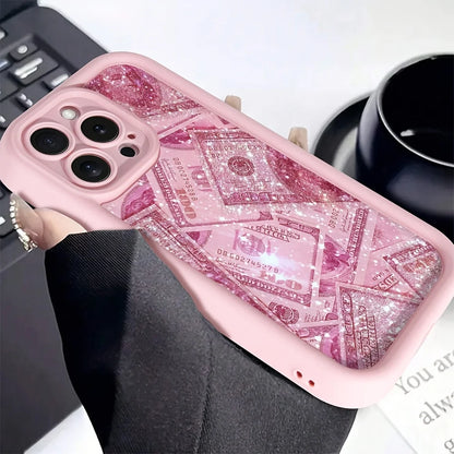 Pink Dollars Full-Coverage Banknote Design Silicone Phone Case For iPhone 16 15 14 13 12 11 Pro Max X XS XR 7 8 Plus Cover