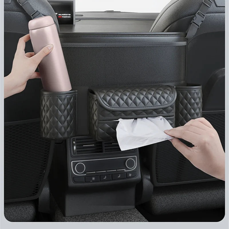 Leather Car Seat Middle Hanger Storage Bag Luxury Auto Handbag Holder Between Seats Tissue Water Cup Pockets Stowing Tidying