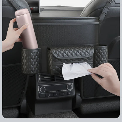 Leather Car Seat Middle Hanger Storage Bag Luxury Auto Handbag Holder Between Seats Tissue Water Cup Pockets Stowing Tidying