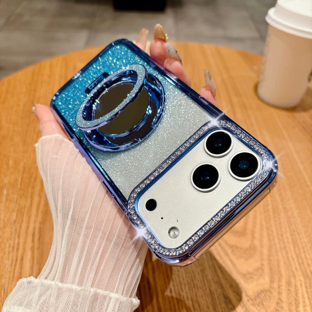 Luxury Diamonds Mirror Bracket Magsafe Case For iPhone Air 17 Pro 16 15 14 13 12 11 Pro Max Plus Gradient Glitter Magnetic Cover