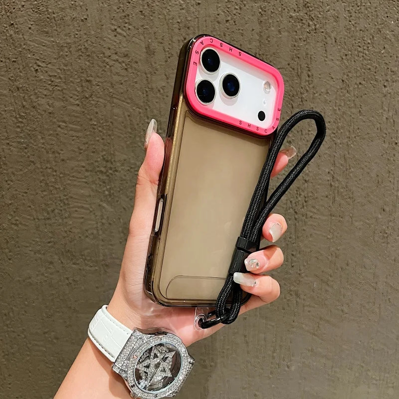 Luxury Shockproof Armor Clear Case for iPhone 17 Air 16 15 14 Plus 13 12 11 Pro Max XR XS 8 Hit Color Wrist Strap Lanyard Cover