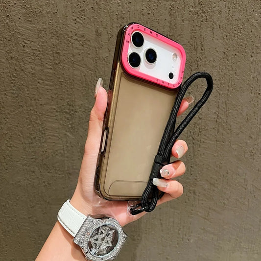 Luxury Shockproof Armor Clear Case for iPhone 17 Air 16 15 14 Plus 13 12 11 Pro Max XR XS 8 Hit Color Wrist Strap Lanyard Cover