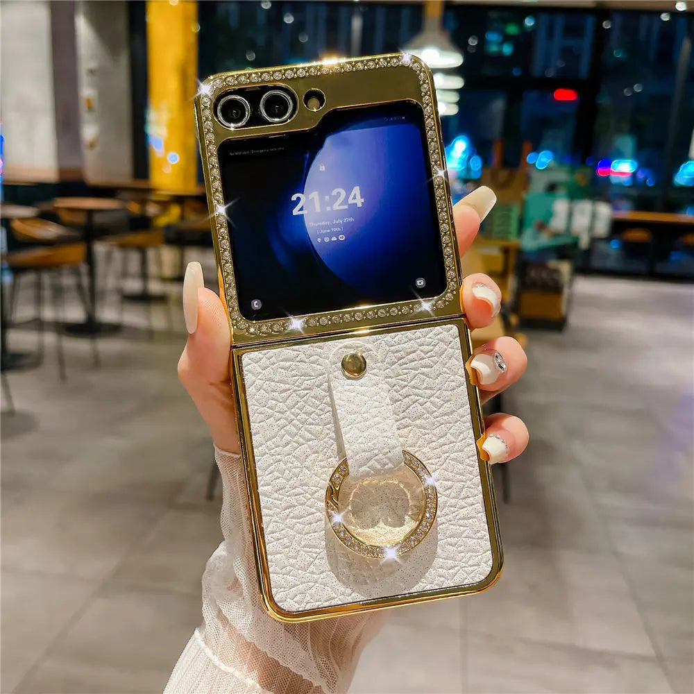 Leather Plating  Ring Phone Case For Samsung Galaxy Z Flip 7 6 Flip 5 Zflip 4 3 Bling Diamond Shockproof Cover Funda