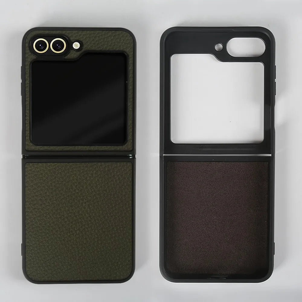 Luxury Genuine Leather Case For Samsung Galaxy Z Flip6 Cases for galaxy Z Flip 6 phone Cover Litchi Pattern Cowhide Coque Shell