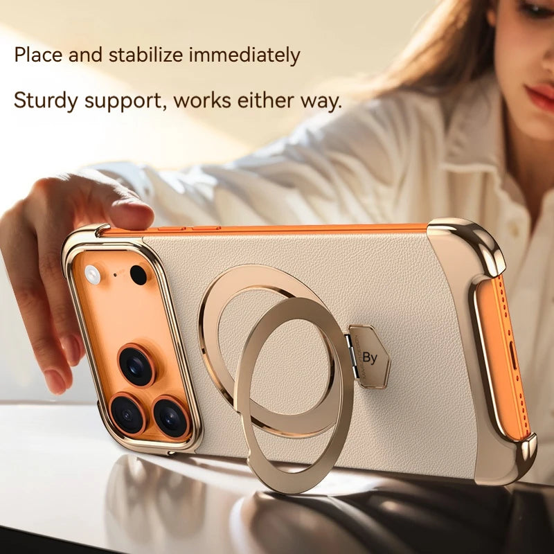 High-End Leather Frameless Magnetic Bracket Phone Case，For IPhone 17 Pro Max 17 Air Magsafe Wireless Charging Protective Cases