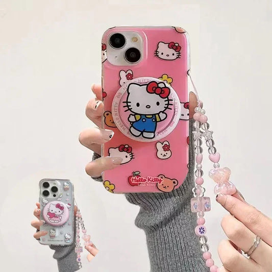Cute Hello Kitty Magnetic Grip Holder Magsafe Wireless Charge Phone Chain Case For iPhone 16 15 12 Pro Max 14 Plus 13 Mini Cover