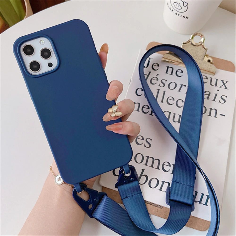 Crossbody Necklace Strap Lanyard Matte Silicone Case For iPhone 17 16 15 14 Pro Max 11 12 13 XR X XS 8 Plus SE Shockproof Cover