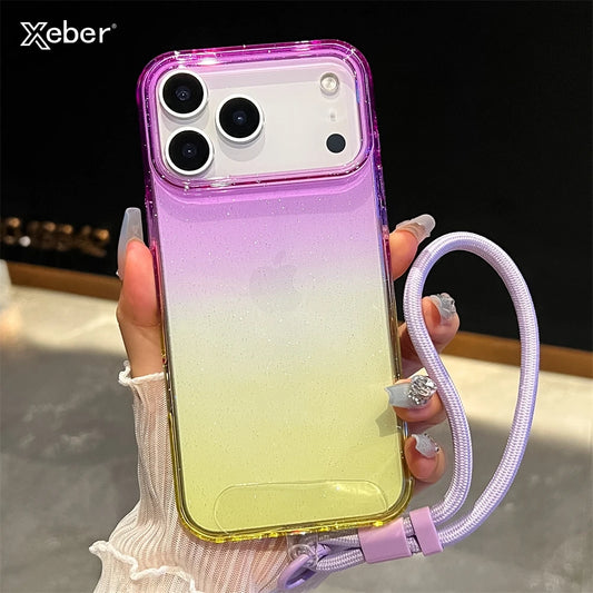 Gradient Colorful Transparent Phone Case For iPhone 17 16 15 14 13 12 Pro Max Plus Shockproof TPU Back Cover With Wrist Strap