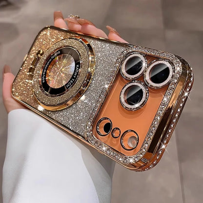 Suitable for iPhone17/16/15/14/13/12/11 Case With Lens Film 16 Anti-drop 15 Rhinestone Glitter Magnetic Stand
