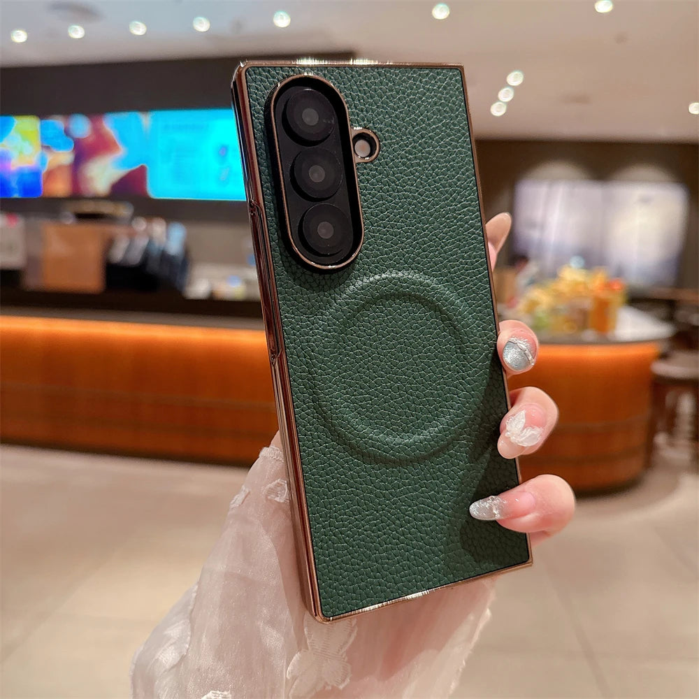 Lichee Pattern Leather Magnetic Case For Samsung Galaxy Z Fold 7 6 5 4 3 5G For Magsafe Phone Protection Hard Cover Shockproof