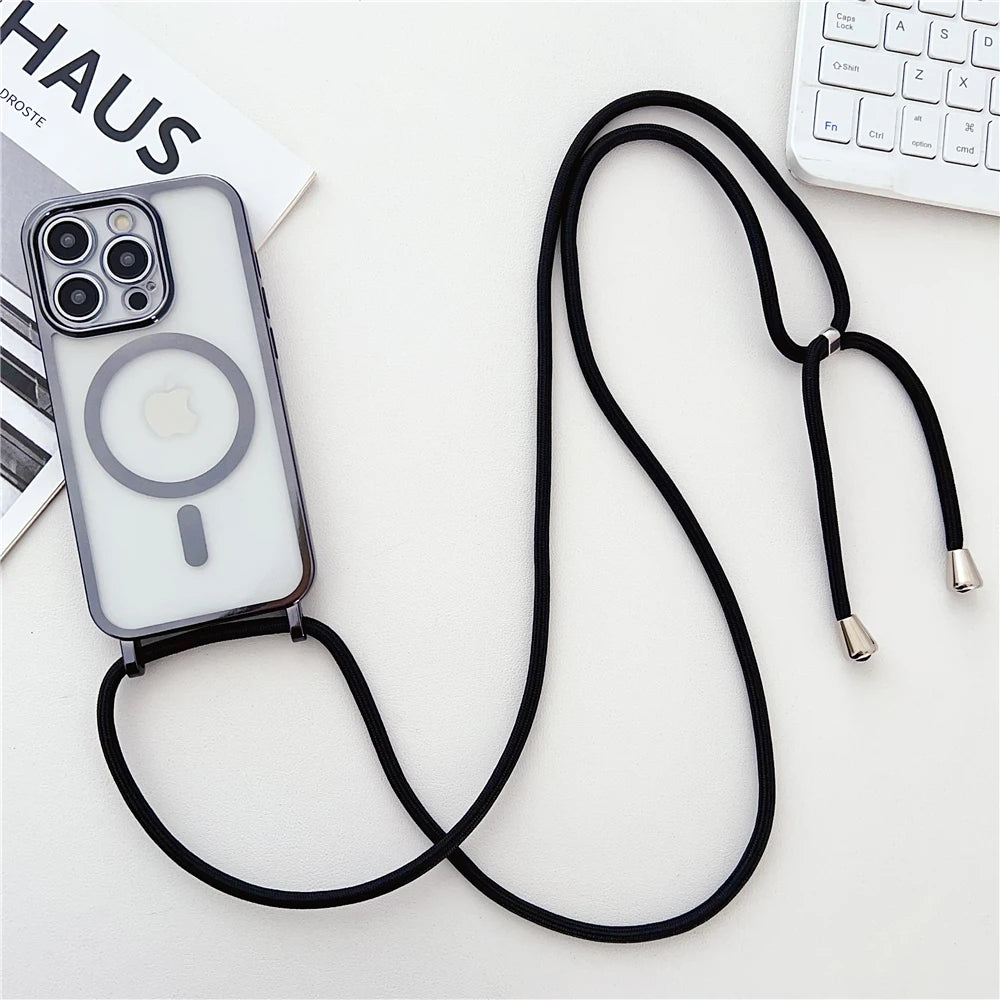 Luxury Necklace Cord Rope Lanyard Plating Magnetic Clear Phone Case For iPhone 16 14 11 12 13 15 Pro Max For Magsafe Soft Coverd