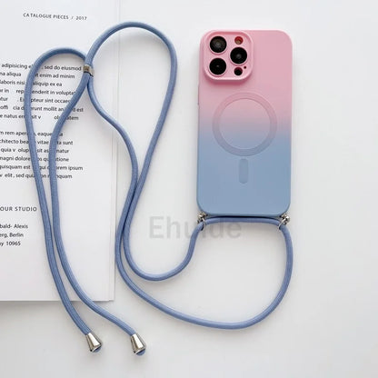 Crossbody Lanyard Case For Magsafe iPhone 16 14 13 12 Pro Max 11 15 Plus Magnetic Gradient Color Camera Protect Shockproof Cover