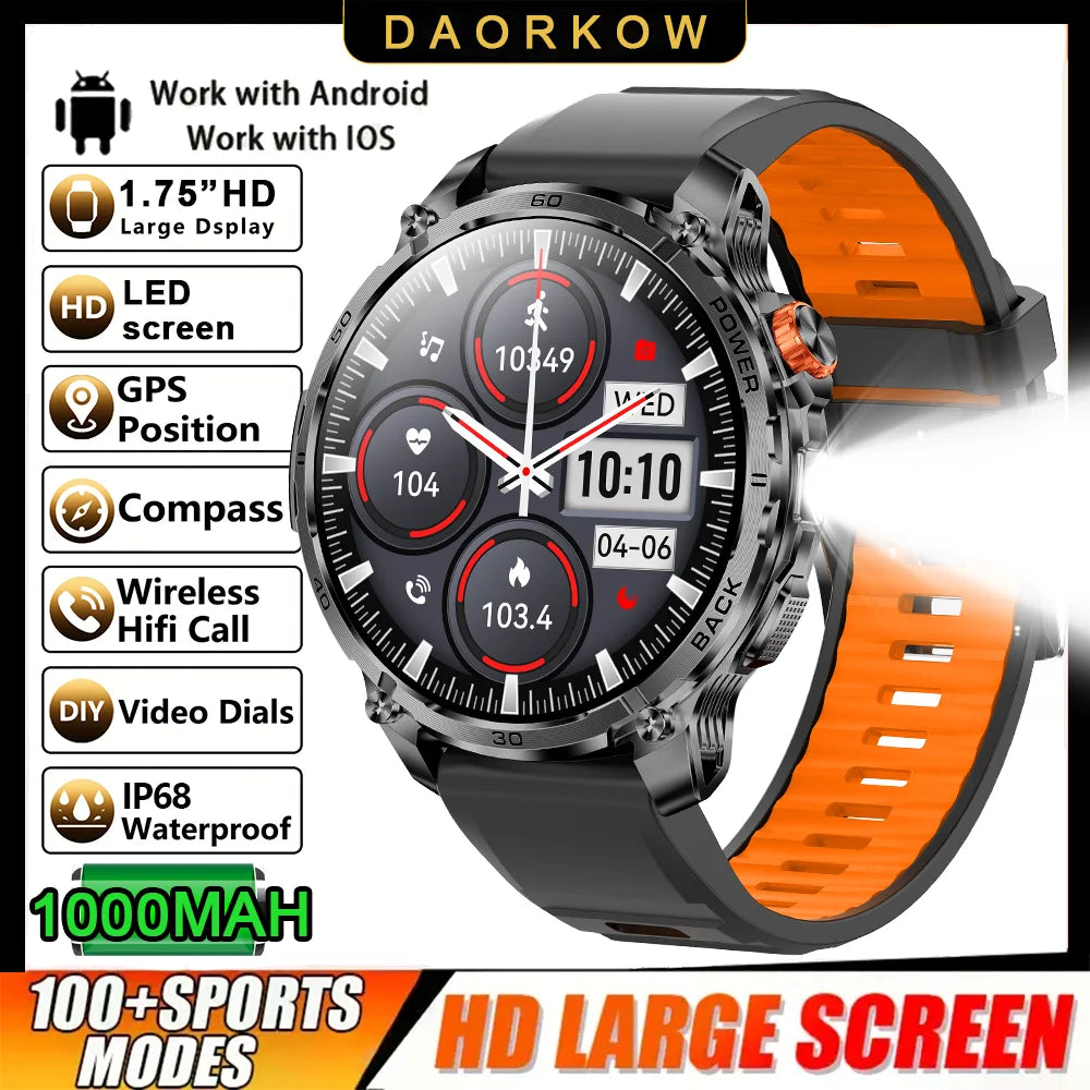 2026 New GPS Outdoor Sports Smartwatch Men AMOLED Screen NFC Flashlight Heart rate Waterproof Bluetooth Call 1000mAh Smartwatch