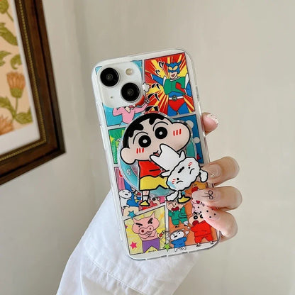 Cute Cartoon Crayon Shin-chan Magnetic Grip Holder Magsafe Wireless Charge Phone Case For iPhone 16 15 14 13 12 Pro Max Cover