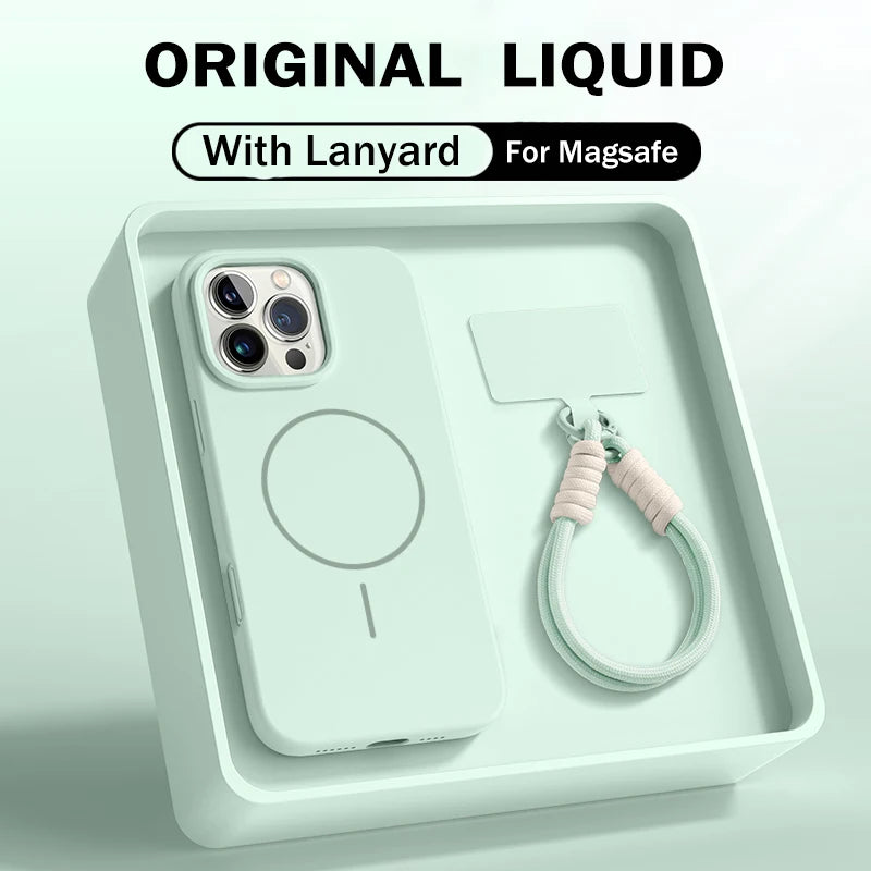 Official Liquid Silicone Lanyard Strap Rope Case For iPhone 16E 16 14 15 Plus 12 13 11 Pro Max For Magsafe Magneitc Soft Cover