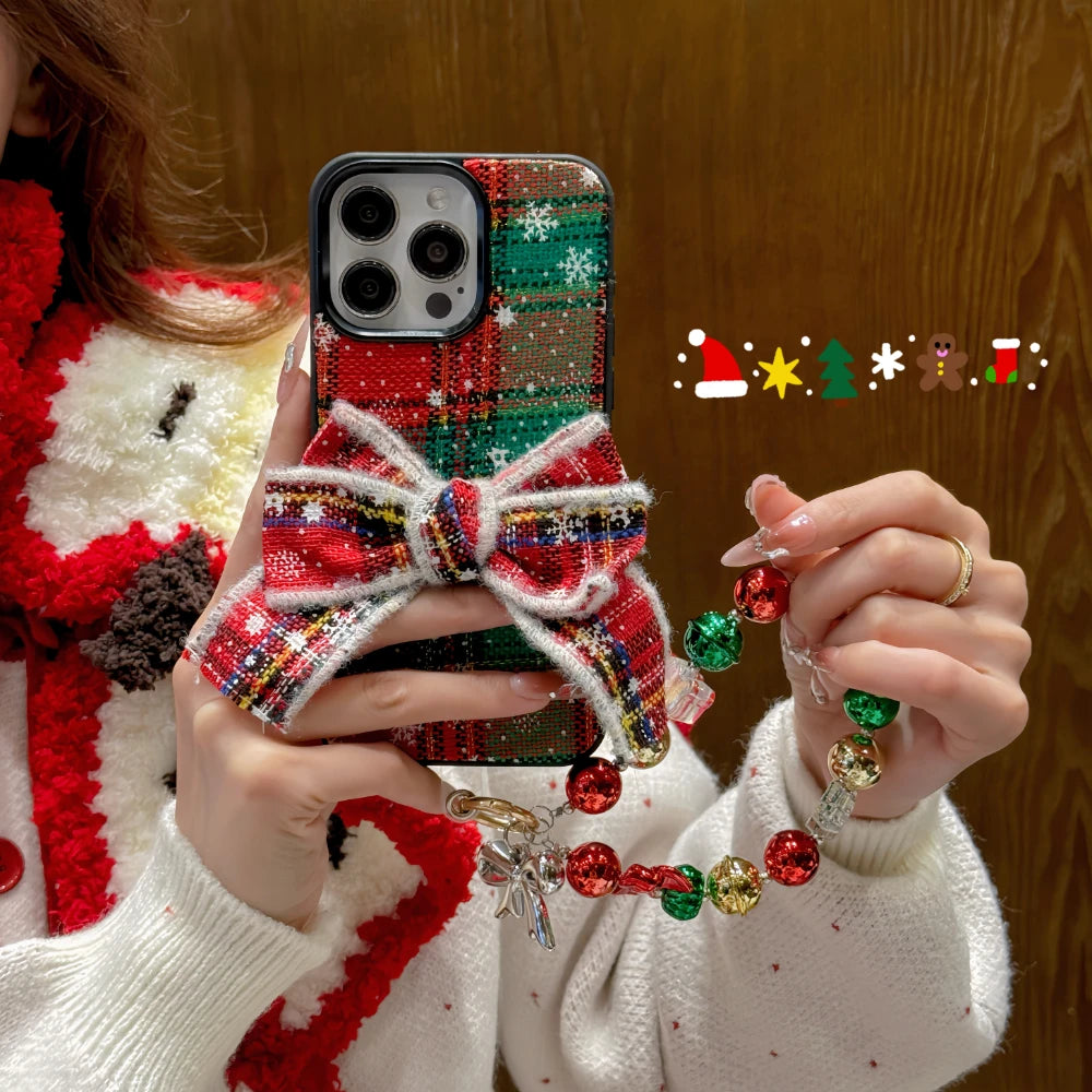 3D knitted Christmas  Bowknot Plaid Pattern Cartoon Cute With Bracelet Phone Case For iPhone 15 14 13 16 Pro Max Bumper Cover