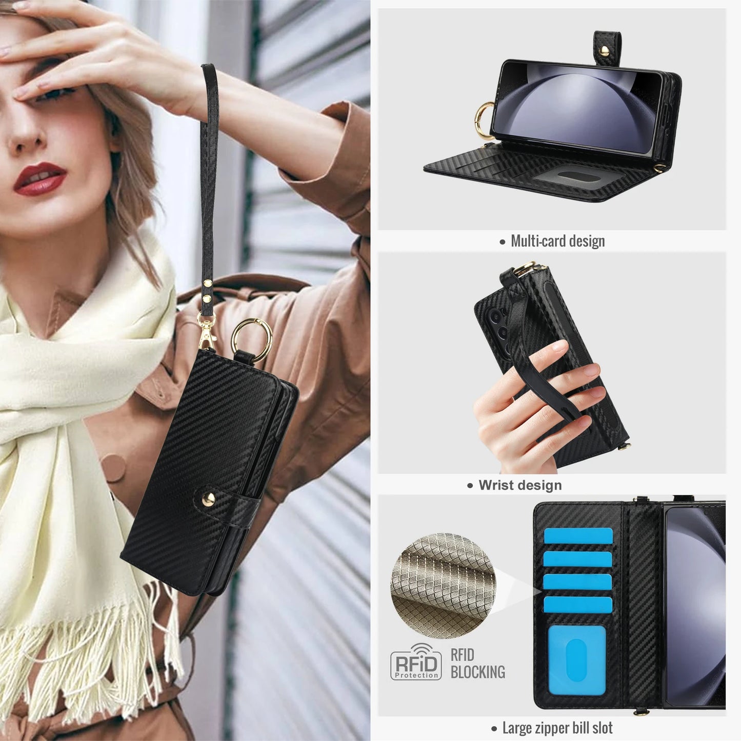 For Samsung Galaxy Z Fold 7 6 5 4 3 5G Crossbody Lanyard Leather Wallet Card Case Wrist Rope Flip Stand Cover With Pen slot