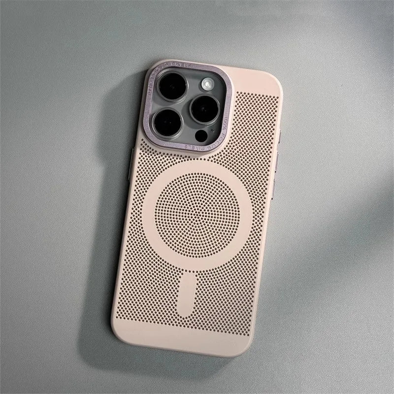 Honeycomb Grid Hole MagSafe Case for iPhone 16 15 Pro Max 14 Alloy Lens Summer Heat Dissipation Magnetic Back Cover PC Shell