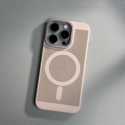 Honeycomb Grid Hole MagSafe Case for iPhone 16 15 Pro Max 14 Alloy Lens Summer Heat Dissipation Magnetic Back Cover PC Shell