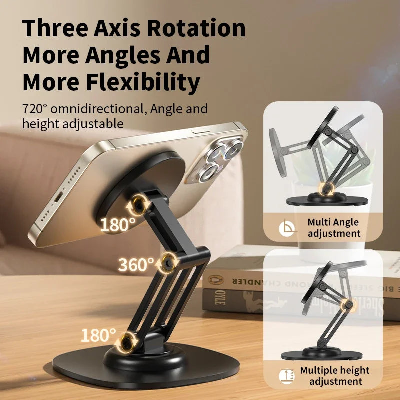 360 Rotation Aluminium Alloy Foldable Magnetic Desktop Phone Stand Desk Lazy Holder For Magsafe iPhone 16 15 14 13 12 Pro Max