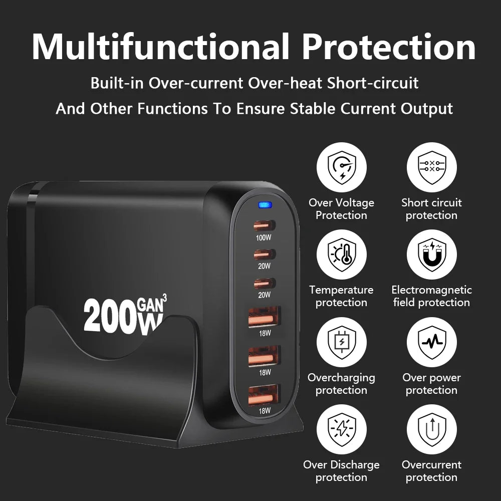 200W GaN Charger USB C Charger Multi-Ports Charging Station For MacBook iPhone Samsung iPad Type C PD Charger Quick Charge 3.0