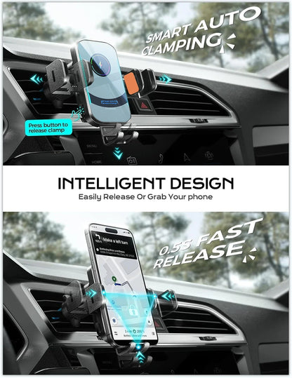 UYUXIO Auto Clamping Wireless Car Charger 66W Super Fast Charging  Air Vent Car Phone Holder for iPhone 16 15 14 Pro Max 13 12