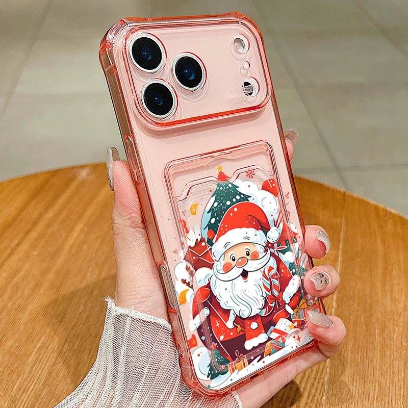 Santa Claus Card Slot Bag Clear Phone Case For iPhone Air 16e 17 16 15 14 13 Pro Max 11 12 17 Christmas Tree Soft Silicone Cover