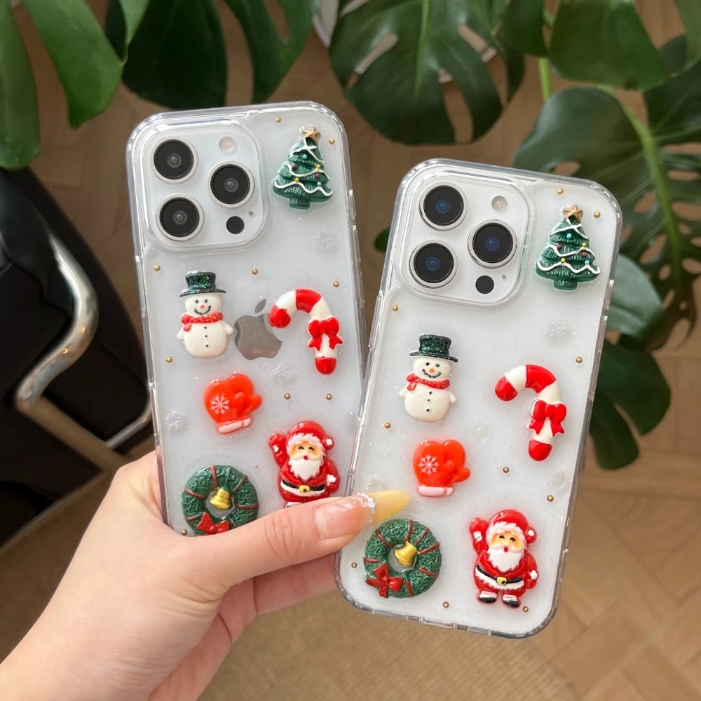 3D Bling Glitter Christmas Socks Snowman Santa Claus Cartoon Cute Phone Case For iPhone 16 15 14 13 12 11 17 Pro Max Soft Cover