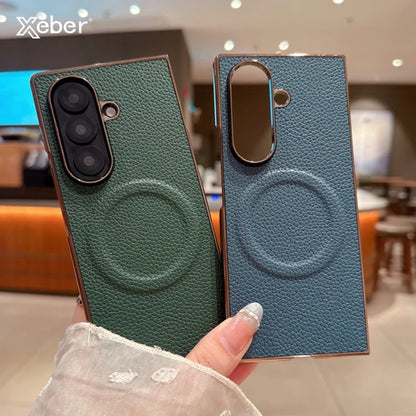 Lichee Pattern Leather Magnetic Case For Samsung Galaxy Z Fold 7 6 5 4 3 5G For Magsafe Phone Protection Hard Cover Shockproof