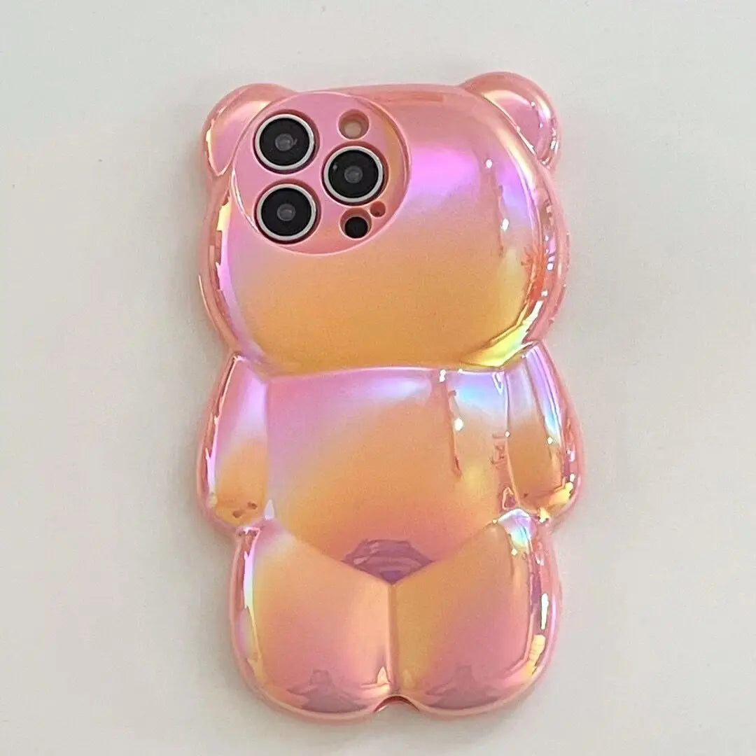 Ins Cute 3D Aurora Cartoon Bear Case For iPhone 11 13 12 14 15 16 Pro Max 16 Plus Colorful Laser Rainbow Gradient Soft Cover