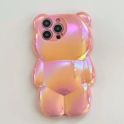 Ins Cute 3D Aurora Cartoon Bear Case For iPhone 11 13 12 14 15 16 Pro Max 16 Plus Colorful Laser Rainbow Gradient Soft Cover