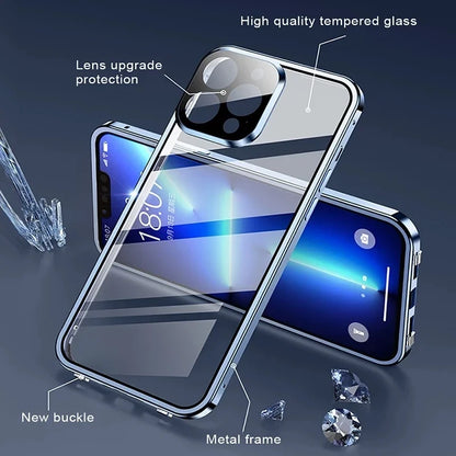 Clear 360° Full Protection Metal Magnetic Double-Sided Glass Press Phone Case for iPhone 16e 16 Pro Max 14 13 12 15 Pro Max Case