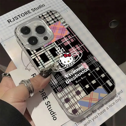 Black Plaid feather gauze Hello Kitty KT Phone Case For iPhone 16 15 14 13 12 11 Pro Max 7 8Plus XR XS MAX MINI Y2K Cute Cover