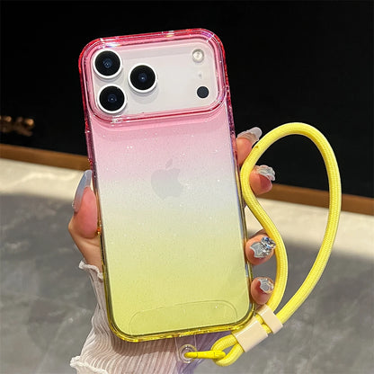 Gradient Colorful Transparent Phone Case For iPhone 17 16 15 14 13 12 Pro Max Plus Shockproof TPU Back Cover With Wrist Strap