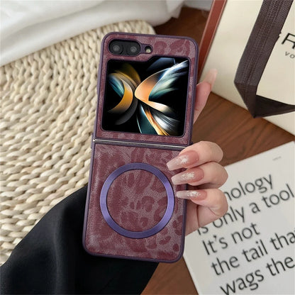 Leopard Print PU Leather Phone Case for Samsung Galaxy Z Flip 7 6 Z Flip 5 4 3 Z Fold 6 5 4 Magnetic Wireless Charging Case