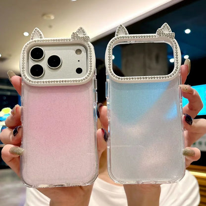 Cute Rabbit Ear Phone Case For iPhone 17 Pro Max Glitter Diamonds Cover For iPhone 15 Pro 16 Pro Max 14Pro 13 Protective Cases