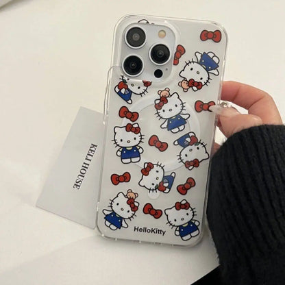 Cute Hello Kitty Magnetic Grip Holder Magsafe Wireless Charge Phone Chain Case For iPhone 16 15 12 Pro Max 14 Plus 13 Mini Cover