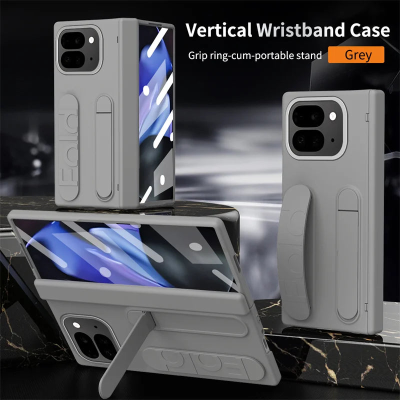 For Google Pixel 9 10 Pro With Hinge Phone Case Wristband Wrist Strap Stand Screen Protection Film Shockproof Protecion Cover