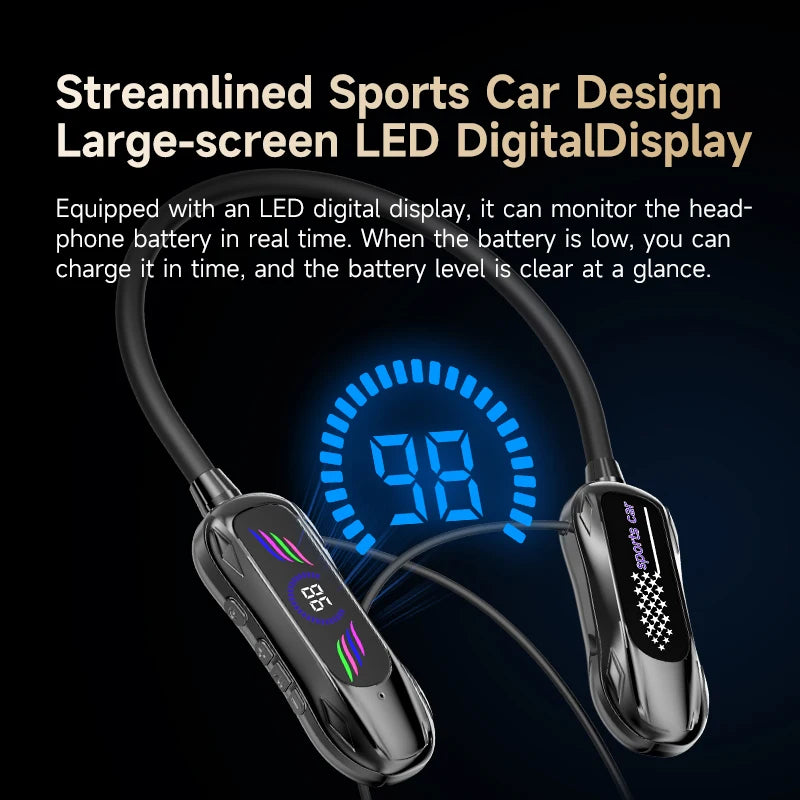 NEW Sports Car Shape Surround Sound Neckband Open-ear LED Display Headsets Wireless Bluetooth Headphones Sports Gaming Earphones